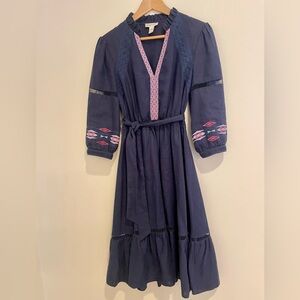 Neiman Marcus Navy Blue Linen Dress with Ruffled Hem and Bishop Sleeves Size S